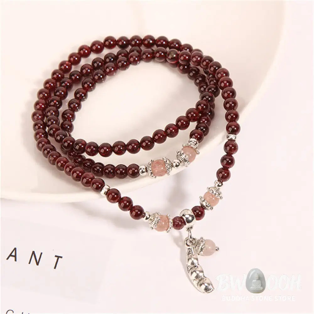 Buddha Stones Natural Garnet Strawberry Quartz Green Beans PiXiu Protection Triple Wrap Bracelet - BWOOOH - Bracelet