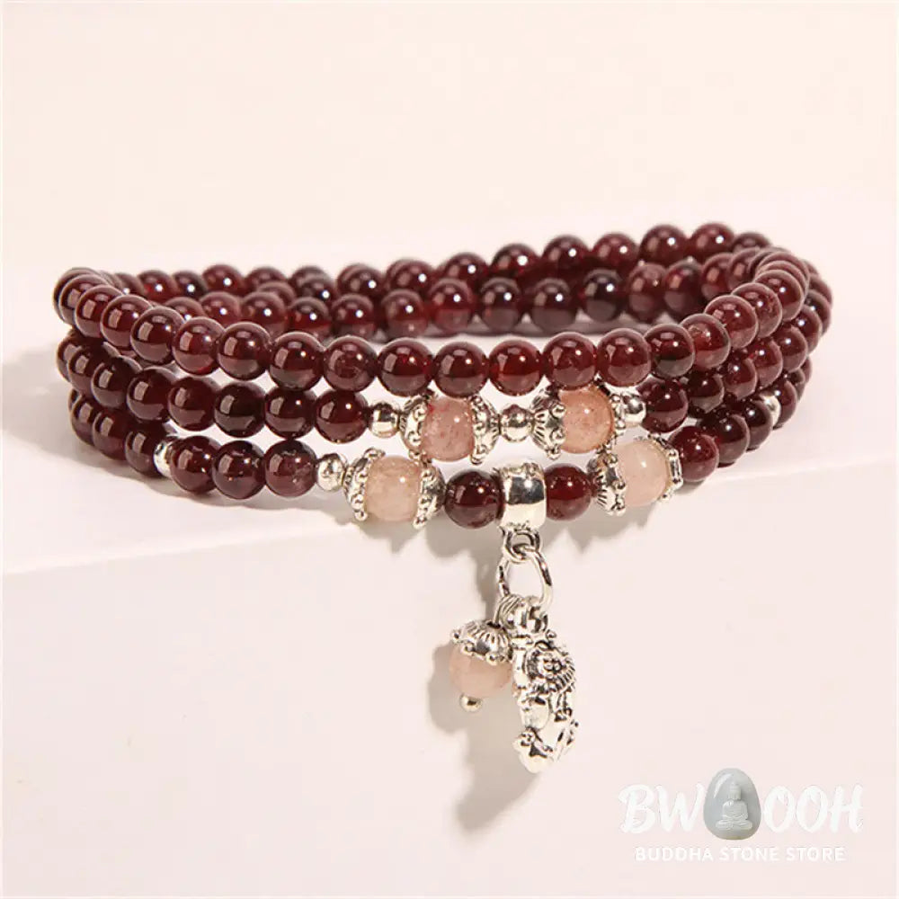 Buddha Stones Natural Garnet Strawberry Quartz Green Beans PiXiu Protection Triple Wrap Bracelet - BWOOOH - Bracelet