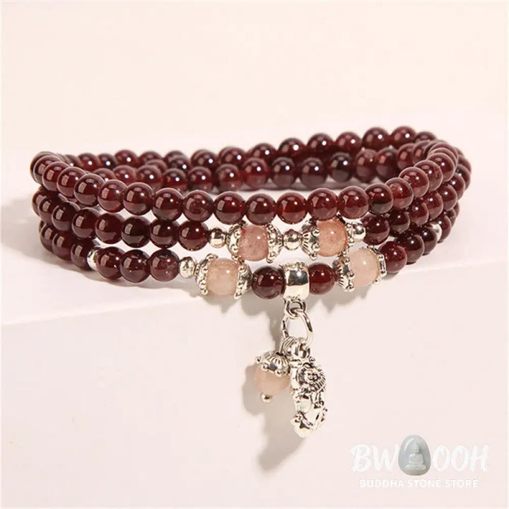 Buddha Stones Natural Garnet Strawberry Quartz Green Beans PiXiu Protection Triple Wrap Bracelet - BWOOOH - Bracelet