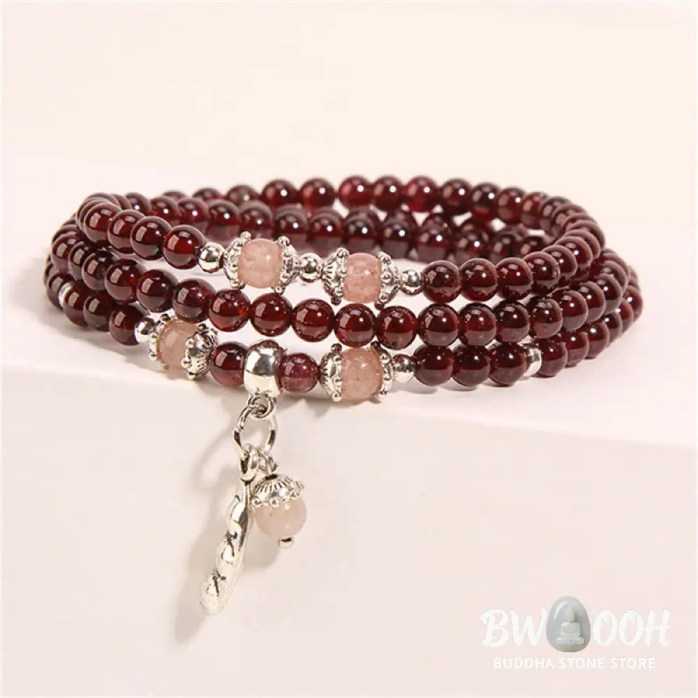 Buddha Stones Natural Garnet Strawberry Quartz Green Beans PiXiu Protection Triple Wrap Bracelet - BWOOOH - Bracelet