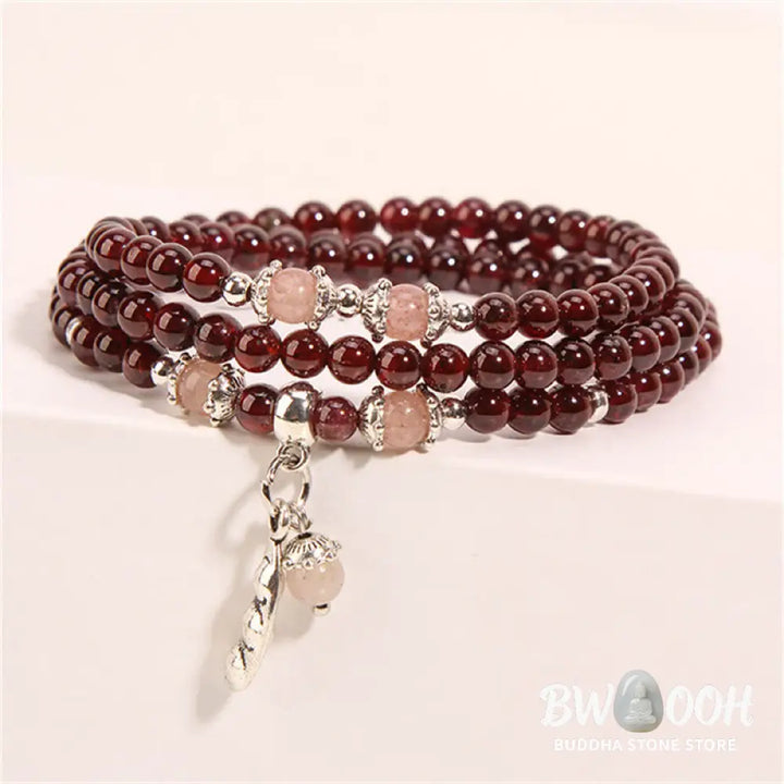 Buddha Stones Natural Garnet Strawberry Quartz Green Beans PiXiu Protection Triple Wrap Bracelet - BWOOOH - Bracelet