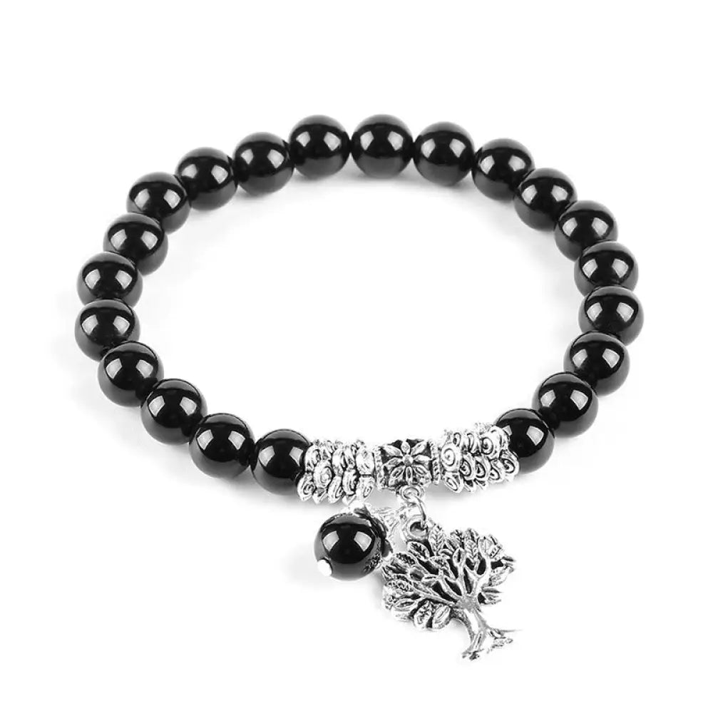 Buddha Stones Natural Gemstone Tree of Life Lucky Charm Stretch Bracelet - BWOOOH - Black Agate - Bracelet