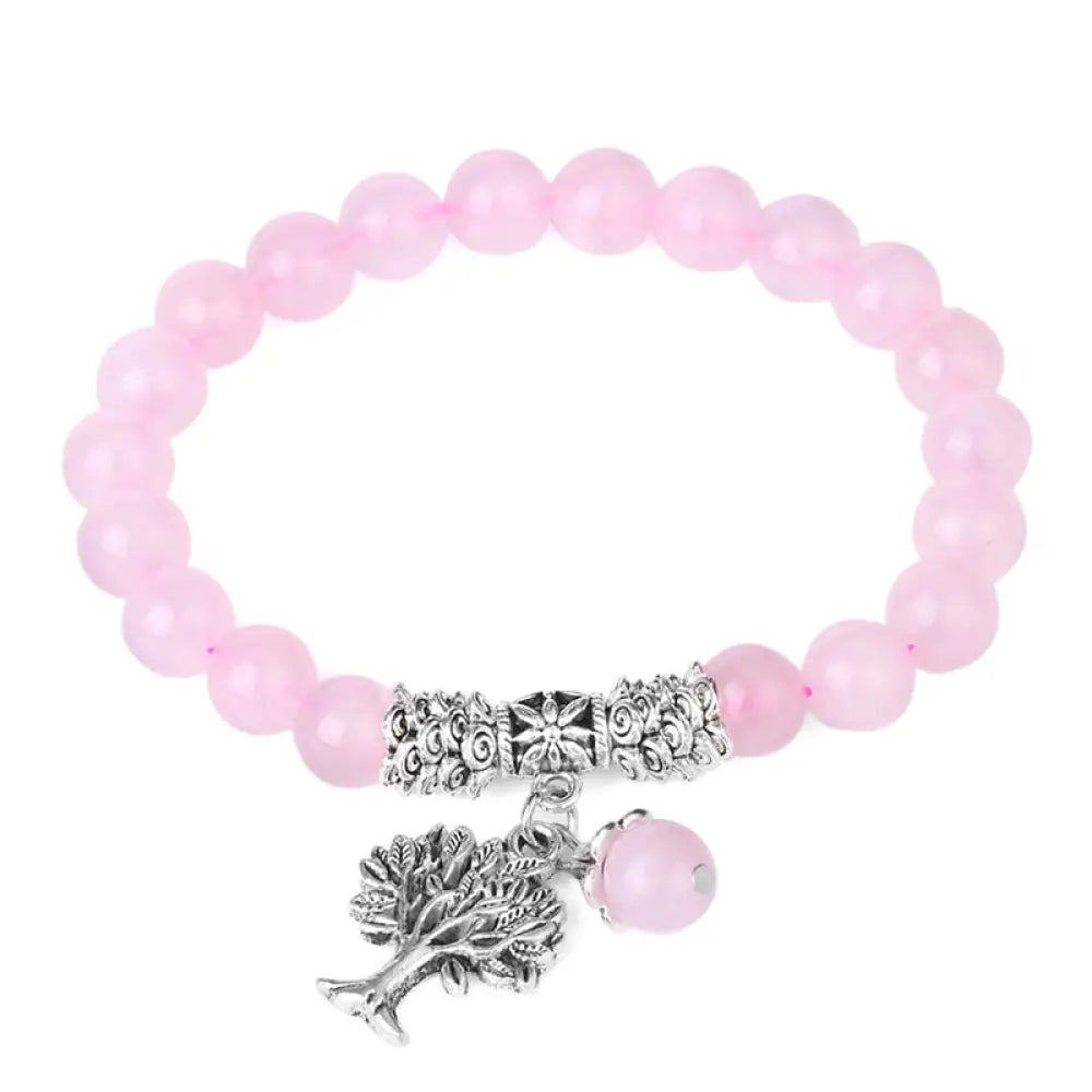 Buddha Stones Natural Gemstone Tree of Life Lucky Charm Stretch Bracelet - BWOOOH - Pink Crystal - Bracelet