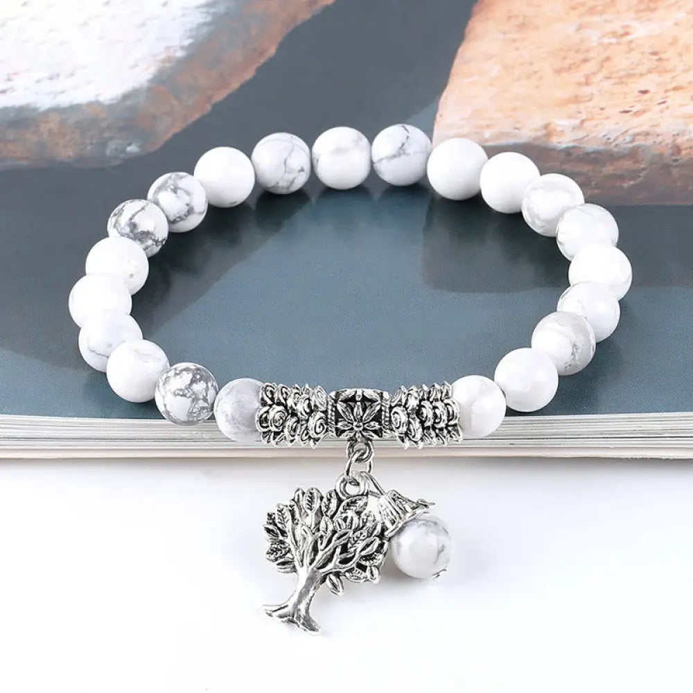 Buddha Stones Natural Gemstone Tree of Life Lucky Charm Stretch Bracelet - BWOOOH - White Turquoise - Bracelet