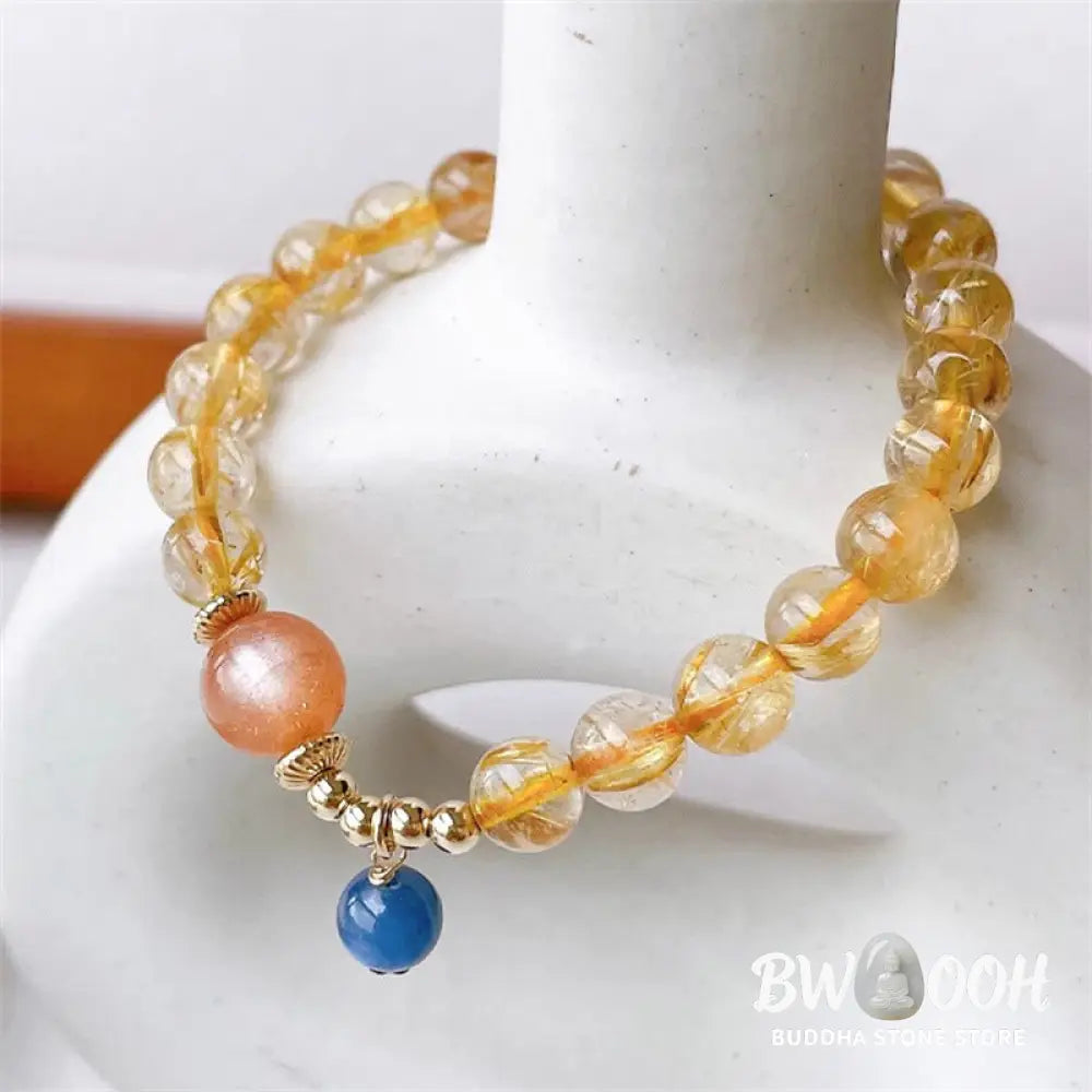 Buddha Stones Natural Gold Rutilated Quartz Sun Stone Kyanite Wealth Bracelet - BWOOOH - Rutilated