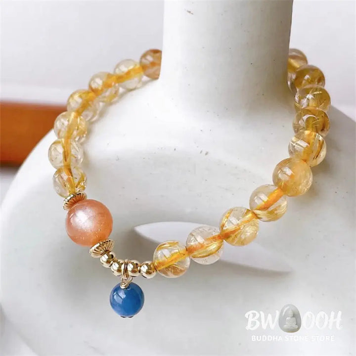 Buddha Stones Natural Gold Rutilated Quartz Sun Stone Kyanite Wealth Bracelet - BWOOOH - Rutilated