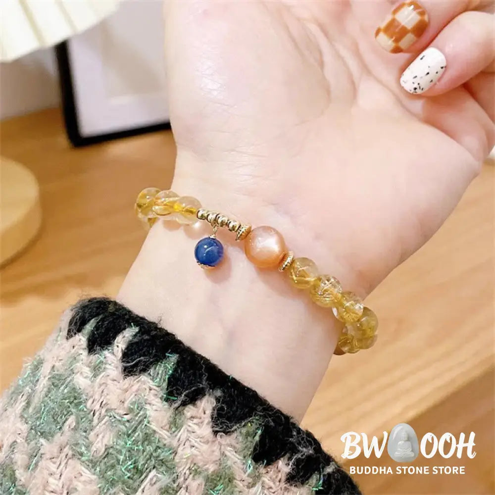 Buddha Stones Natural Gold Rutilated Quartz Sun Stone Kyanite Wealth Bracelet - BWOOOH - Rutilated