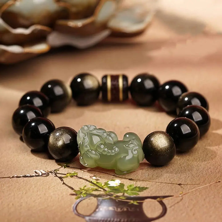 BWOOOH Natural Gold Sheen Obsidian Hetian Cyan Jade White Jade PiXiu Wealth Bracelet - Gold Sheen Obsidian Cyan