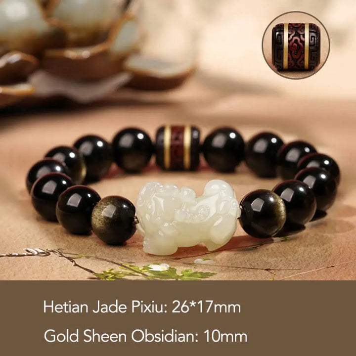 BWOOOH Natural Gold Sheen Obsidian Hetian Cyan Jade White Jade PiXiu Wealth Bracelet - Gold Sheen Obsidian White