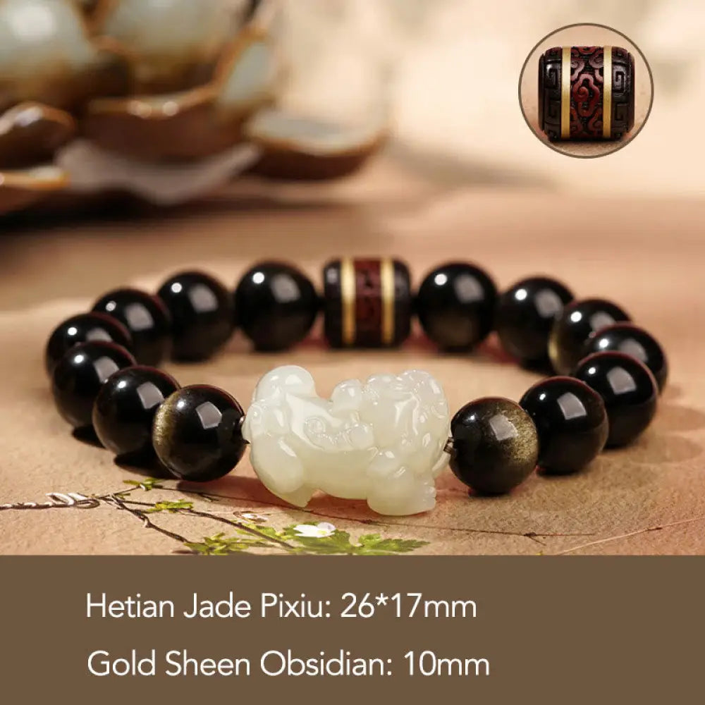 BWOOOH Natural Gold Sheen Obsidian Hetian Cyan Jade White Jade PiXiu Wealth Bracelet - Gold Sheen Obsidian White