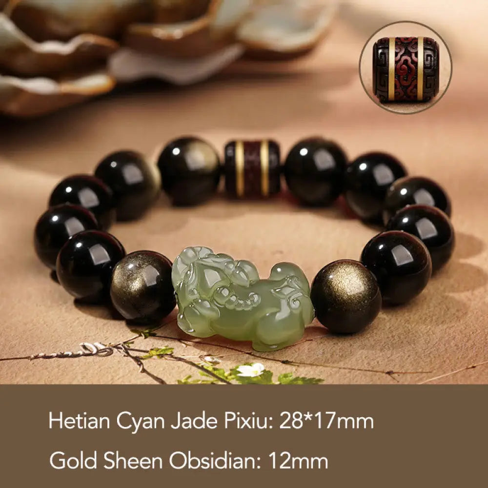 BWOOOH Natural Gold Sheen Obsidian Hetian Cyan Jade White Jade PiXiu Wealth Bracelet - Gold Sheen Obsidian Cyan