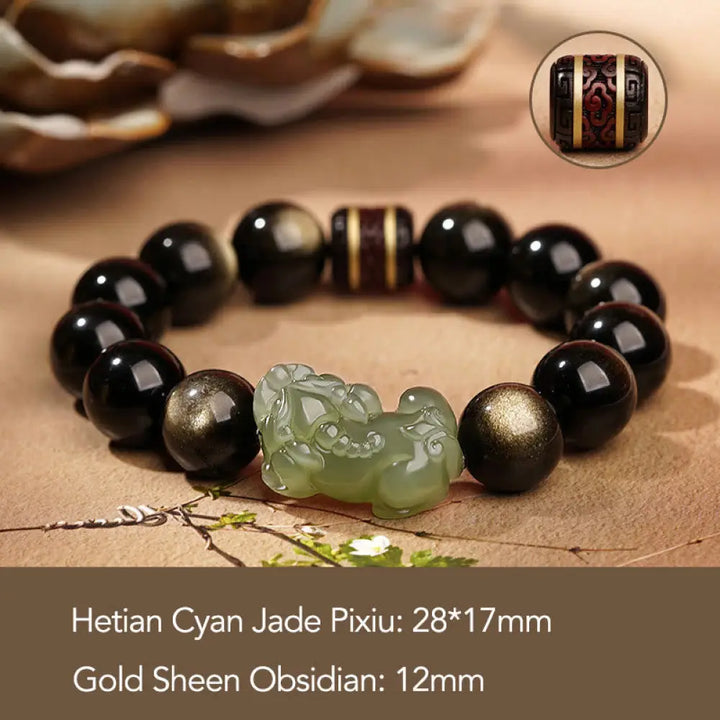 BWOOOH Natural Gold Sheen Obsidian Hetian Cyan Jade White Jade PiXiu Wealth Bracelet - Gold Sheen Obsidian Cyan