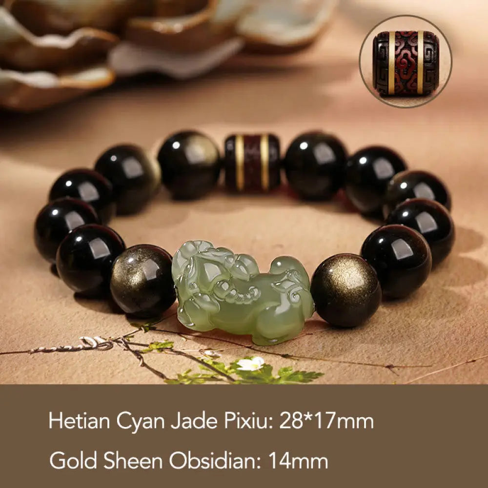 BWOOOH Natural Gold Sheen Obsidian Hetian Cyan Jade White Jade PiXiu Wealth Bracelet - Gold Sheen Obsidian Cyan
