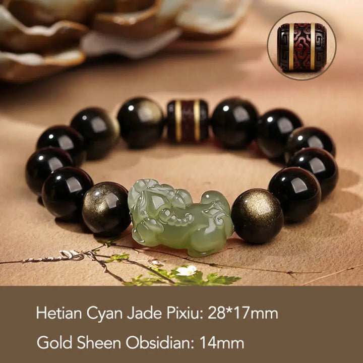 BWOOOH Natural Gold Sheen Obsidian Hetian Cyan Jade White Jade PiXiu Wealth Bracelet - Gold Sheen Obsidian Cyan