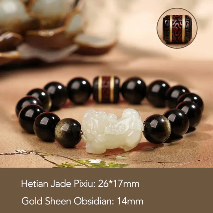 BWOOOH Natural Gold Sheen Obsidian Hetian Cyan Jade White Jade PiXiu Wealth Bracelet - Gold Sheen Obsidian White