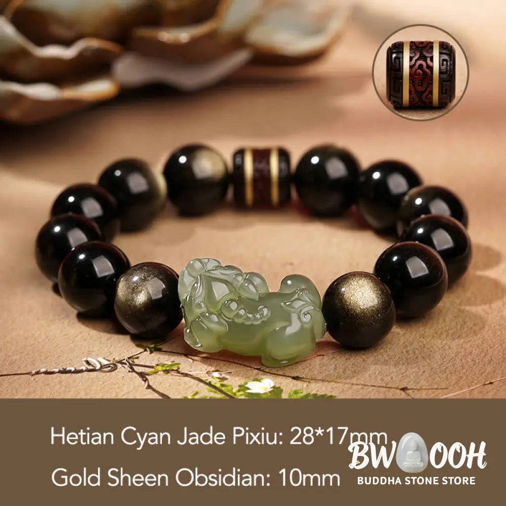 BWOOOH Natural Gold Sheen Obsidian Hetian Cyan Jade White Jade PiXiu Wealth Bracelet | spiritual healing bracelet