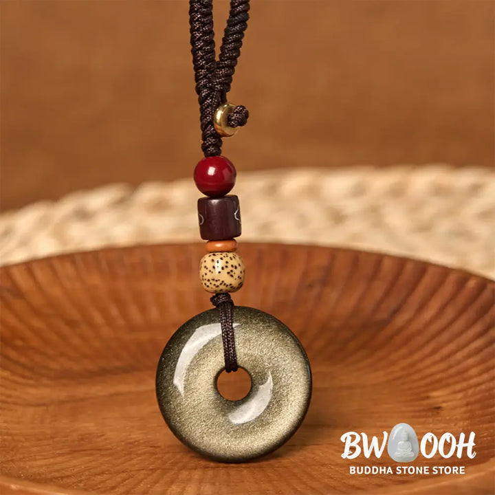 Buddha Stones Natural Gold Sheen Obsidian Peace Buckle Strengthen Key Chain - Gold Sheen Obsidian - Key Chain