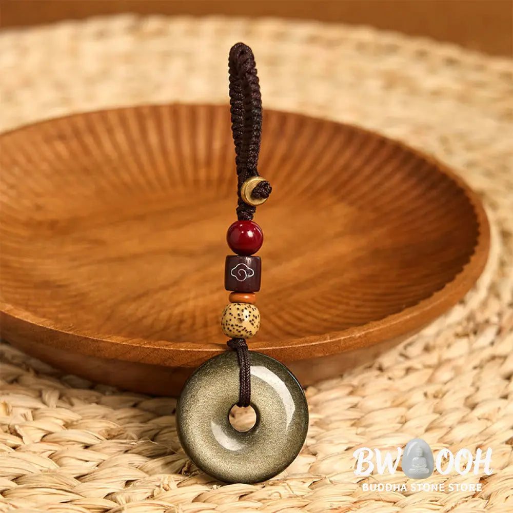 Buddha Stones Natural Gold Sheen Obsidian Peace Buckle Strengthen Key Chain - Gold Sheen Obsidian - Key Chain