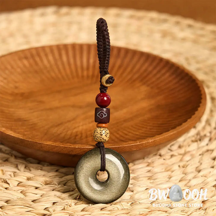 Buddha Stones Natural Gold Sheen Obsidian Peace Buckle Strengthen Key Chain - Gold Sheen Obsidian - Key Chain