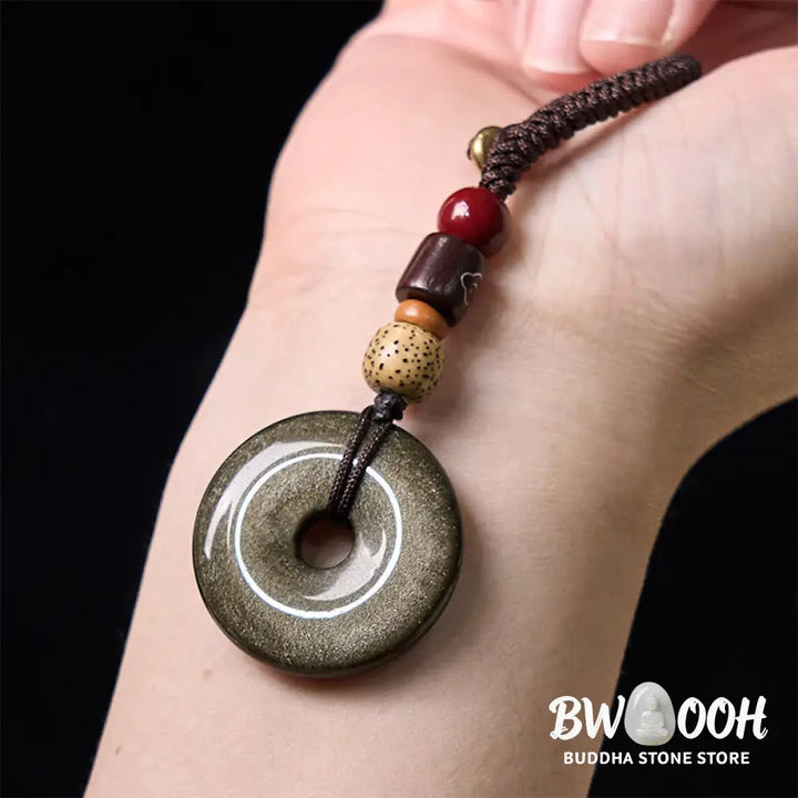 Buddha Stones Natural Gold Sheen Obsidian Peace Buckle Strengthen Key Chain - Gold Sheen Obsidian - Key Chain