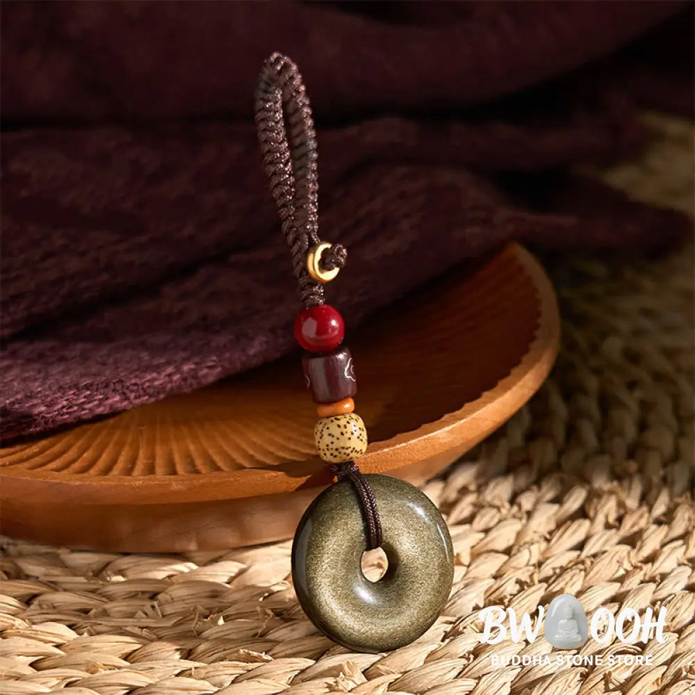 Buddha Stones Natural Gold Sheen Obsidian Peace Buckle Strengthen Key Chain - Gold Sheen Obsidian - Key Chain