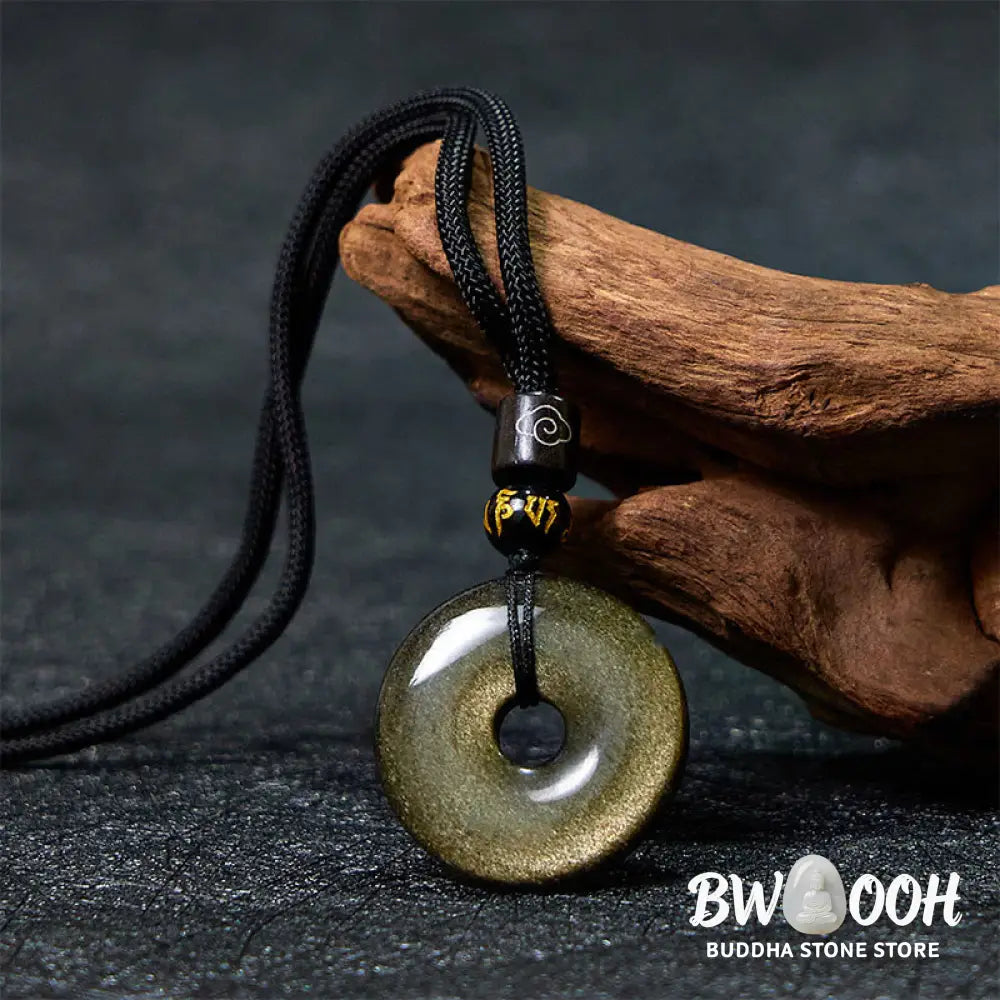 Buddha Stones Natural Gold Sheen Obsidian Peace Buckle Strengthen Necklace Pendant - BWOOOH - Gold Sheen Obsidian