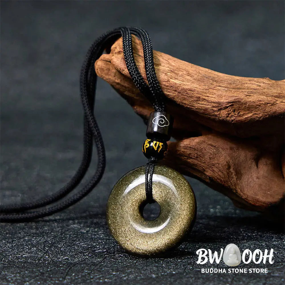 Buddha Stones Natural Gold Sheen Obsidian Peace Buckle Strengthen Necklace Pendant - BWOOOH - Gold Sheen Obsidian