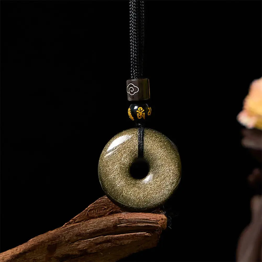 Buddha Stones Natural Gold Sheen Obsidian Peace Buckle Strengthen Necklace Pendant - BWOOOH - Gold Sheen Obsidian