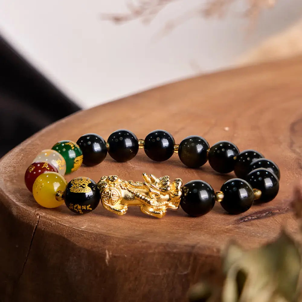 BWOOOH Natural Gold Sheen Obsidian PiXiu Five Directions Gods of Wealth Protection Bracelet - 10mm(Wrist