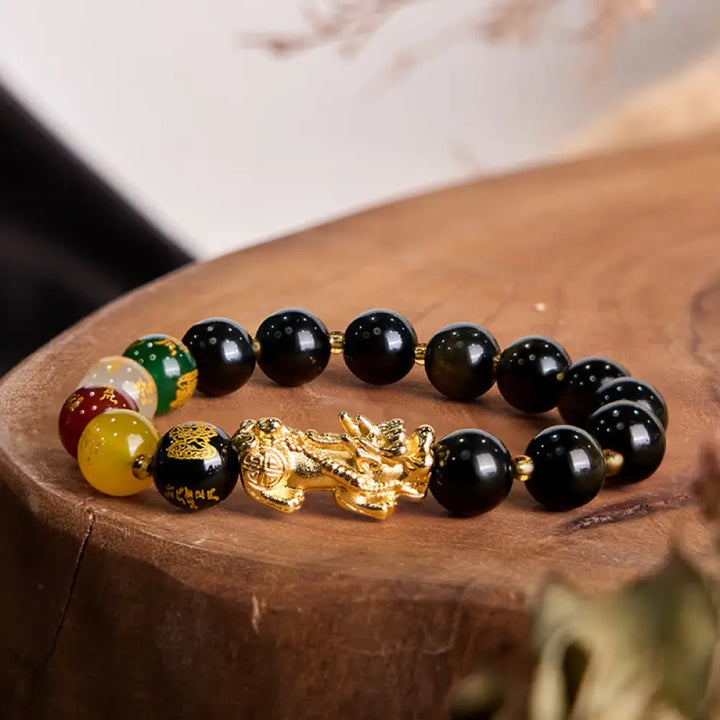 BWOOOH Natural Gold Sheen Obsidian PiXiu Five Directions Gods of Wealth Protection Bracelet - 10mm(Wrist