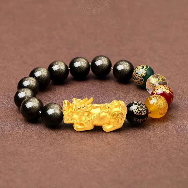 Buddha Stones Natural Gold Sheen Obsidian PiXiu Five Directions Gods of Wealth Protection Bracelet - 12mm(Wrist