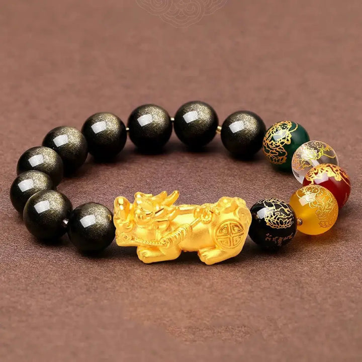 Buddha Stones Natural Gold Sheen Obsidian PiXiu Five Directions Gods of Wealth Protection Bracelet - 14mm(Wrist