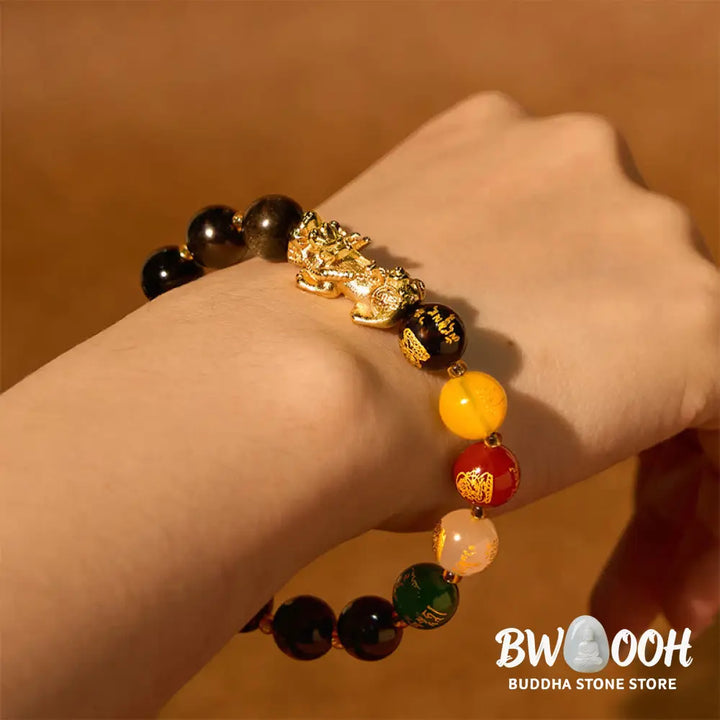 Buddha Stones Natural Gold Sheen Obsidian PiXiu Five Directions Gods of Wealth Protection Bracelet - Bracelet