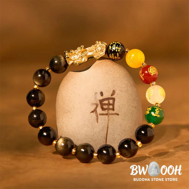 Buddha Stones Natural Gold Sheen Obsidian PiXiu Five Directions Gods of Wealth Protection Bracelet - Bracelet