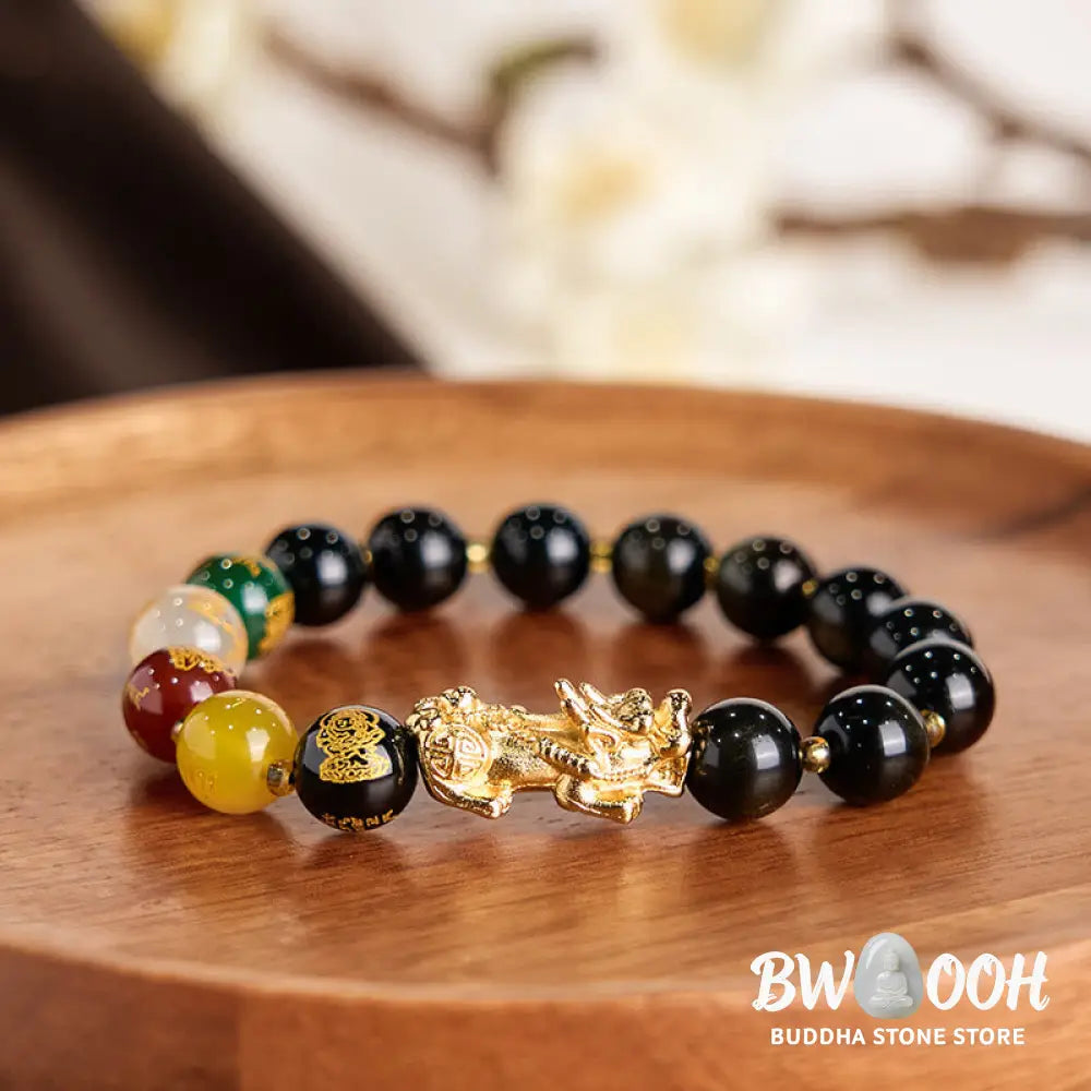 Buddha Stones Natural Gold Sheen Obsidian PiXiu Five Directions Gods of Wealth Protection Bracelet - Bracelet