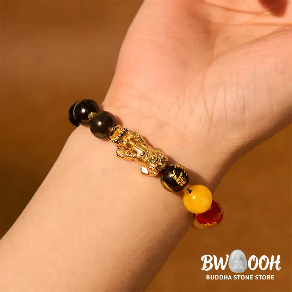 Buddha Stones Natural Gold Sheen Obsidian PiXiu Five Directions Gods of Wealth Protection Bracelet - Bracelet