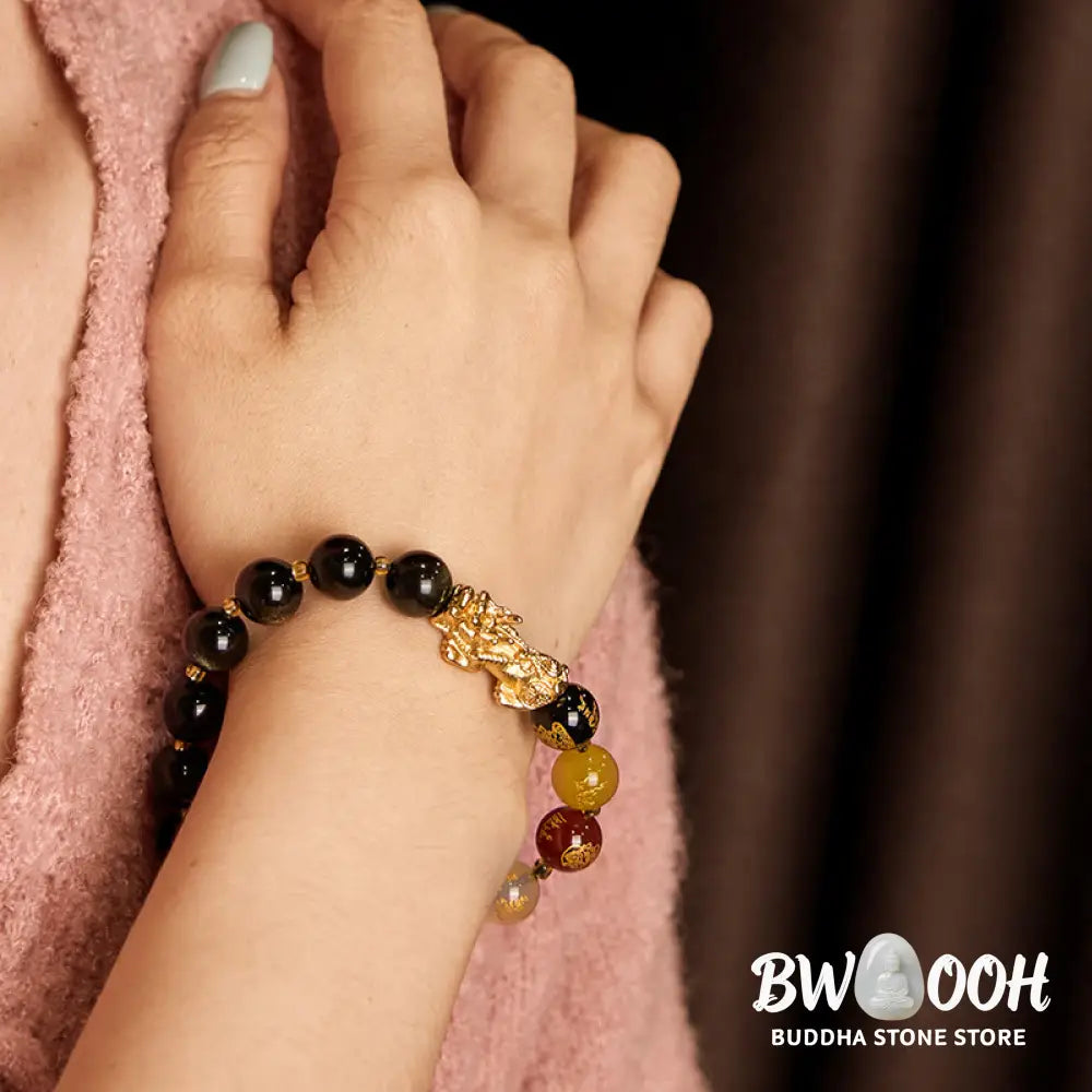 Buddha Stones Natural Gold Sheen Obsidian PiXiu Five Directions Gods of Wealth Protection Bracelet - Bracelet