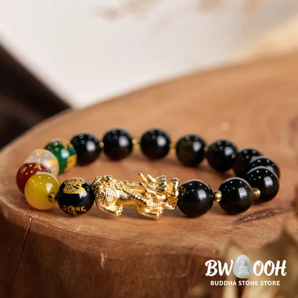 Buddha Stones Natural Gold Sheen Obsidian PiXiu Five Directions Gods of Wealth Protection Bracelet - Bracelet