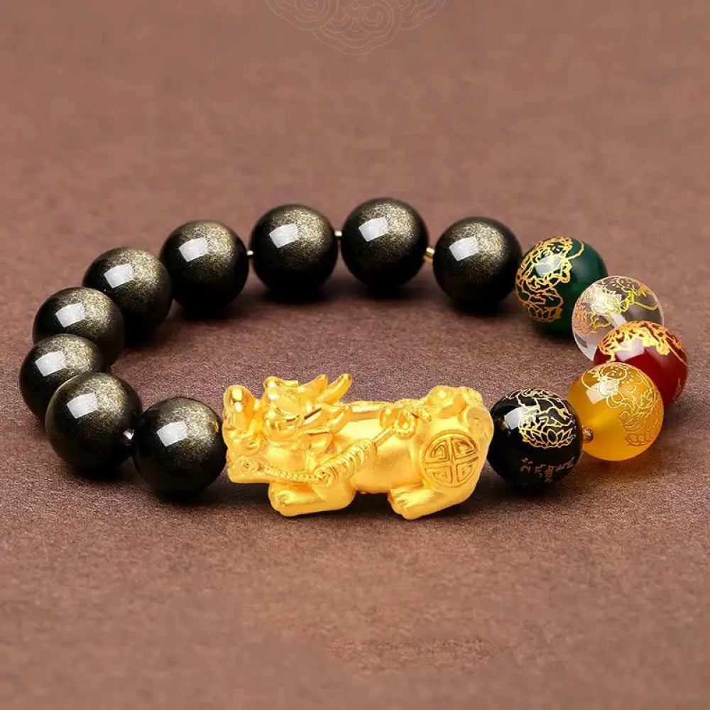 Buddha Stones Natural Gold Sheen Obsidian PiXiu Five Directions Gods of Wealth Protection Bracelet - BWOOOH