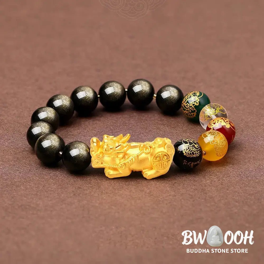 Buddha Stones Natural Gold Sheen Obsidian PiXiu Five Directions Gods of Wealth Protection Bracelet - BWOOOH - Bracelet