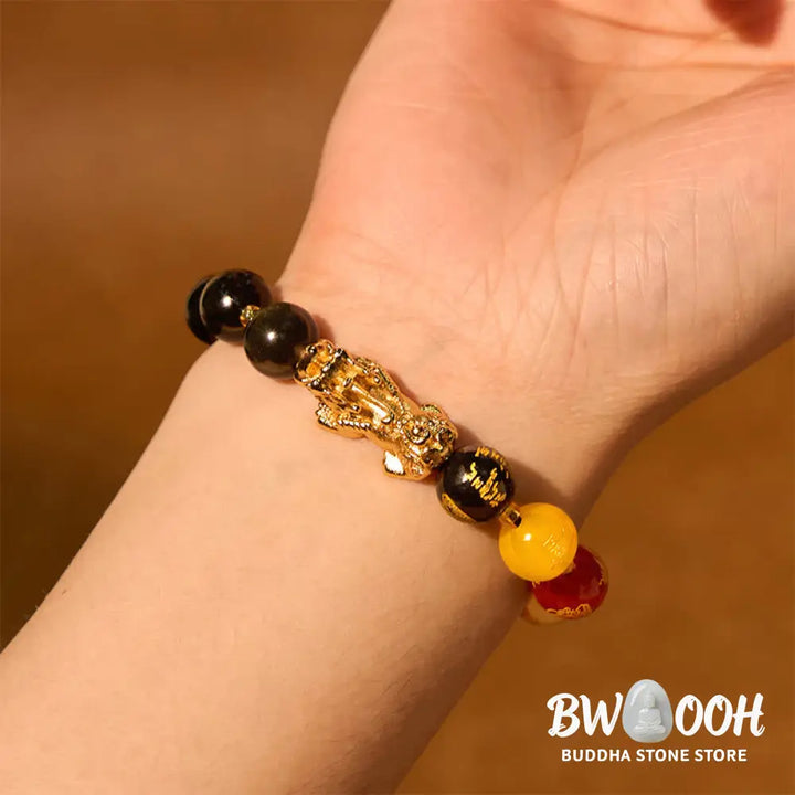Buddha Stones Natural Gold Sheen Obsidian PiXiu Five Directions Gods of Wealth Protection Bracelet - BWOOOH - Bracelet
