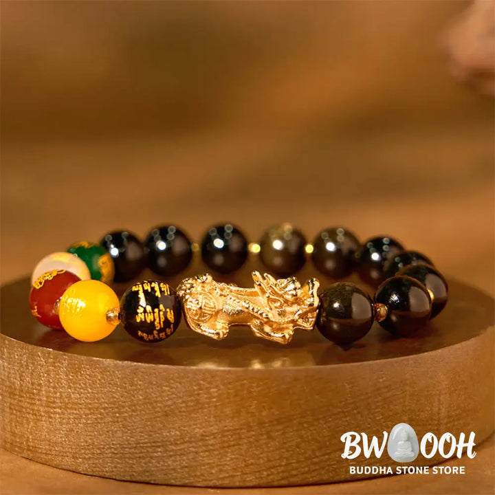 Buddha Stones Natural Gold Sheen Obsidian PiXiu Five Directions Gods of Wealth Protection Bracelet - BWOOOH - Bracelet