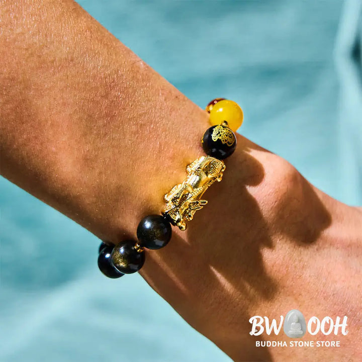 Buddha Stones Natural Gold Sheen Obsidian PiXiu Five Directions Gods of Wealth Protection Bracelet - BWOOOH - Bracelet