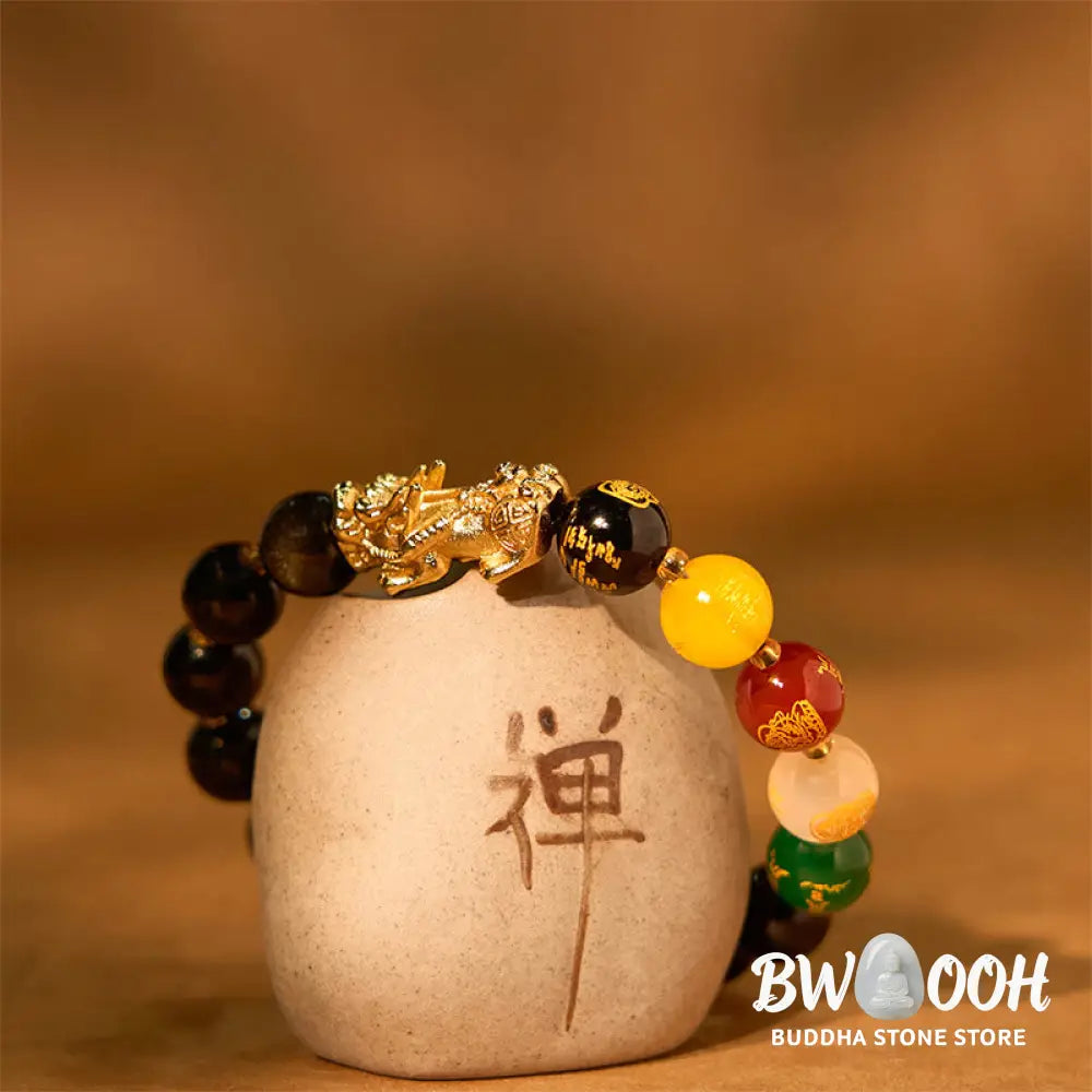 Buddha Stones Natural Gold Sheen Obsidian PiXiu Five Directions Gods of Wealth Protection Bracelet - BWOOOH - Bracelet