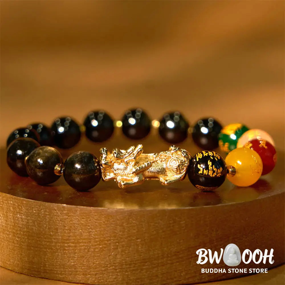 Buddha Stones Natural Gold Sheen Obsidian PiXiu Five Directions Gods of Wealth Protection Bracelet - BWOOOH - Bracelet