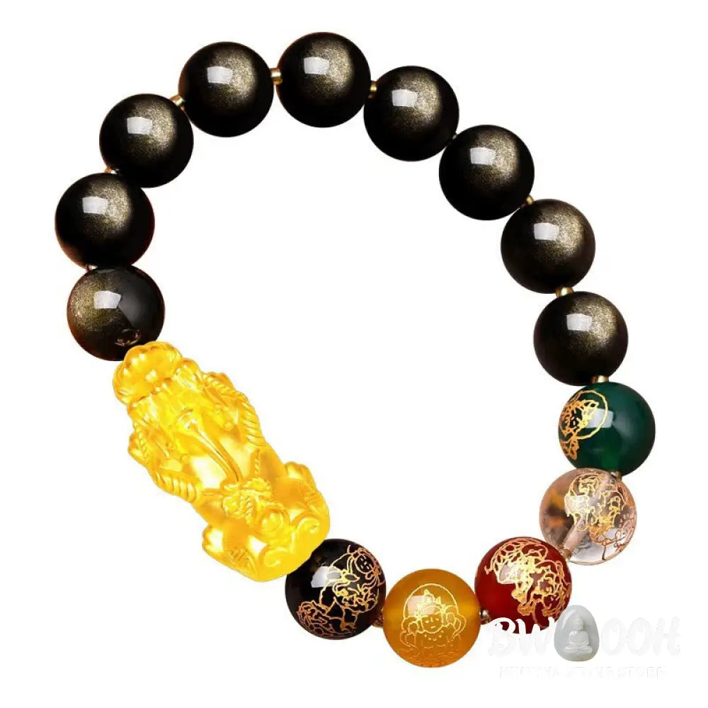 Buddha Stones Natural Gold Sheen Obsidian PiXiu Five Directions Gods of Wealth Protection Bracelet - BWOOOH - Bracelet