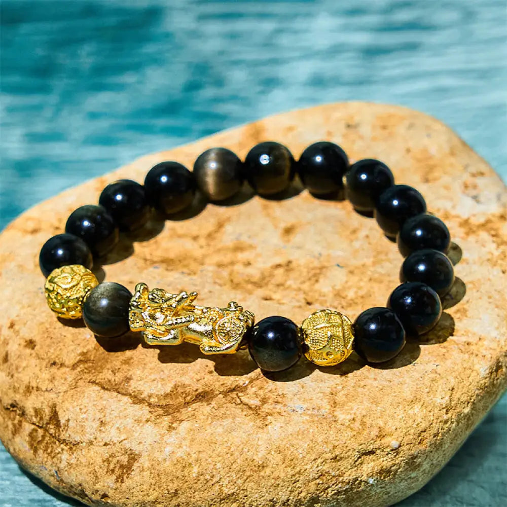 BWOOOH Natural Gold Sheen Obsidian PiXiu Om Mani Padme Hum Wealth Bracelet — Obsidian feng shui bracelet for spiritual hea...