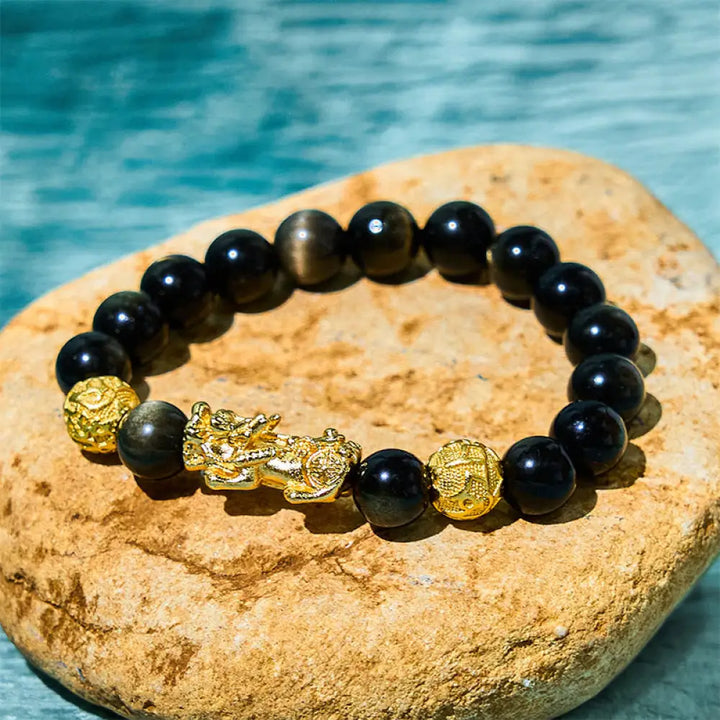 BWOOOH Natural Gold Sheen Obsidian PiXiu Om Mani Padme Hum Wealth Bracelet — Obsidian feng shui bracelet for spiritual hea...