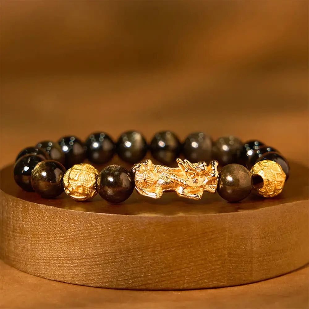 BWOOOH Natural Gold Sheen Obsidian PiXiu Om Mani Padme Hum Wealth Bracelet - BWOOOH - 10mm(Wrist Circumference