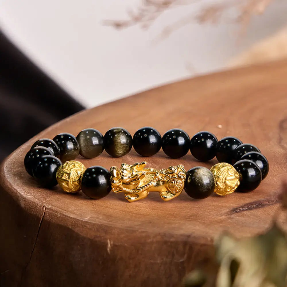 BWOOOH Natural Gold Sheen Obsidian PiXiu Om Mani Padme Hum Wealth Bracelet - BWOOOH - 10mm(Wrist Circumference